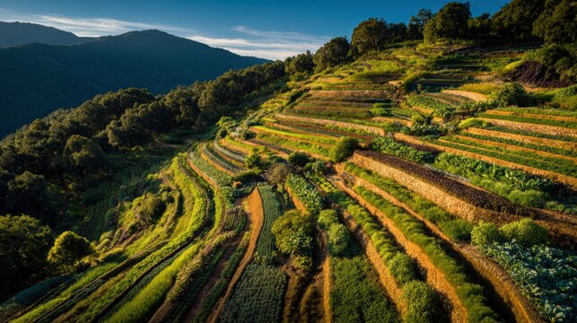 Organic farm terraces on hillside featuring diverse crops and sustainable agriculture practices with natural irrigation systems perfect for green farming food security and environmental stewardship.