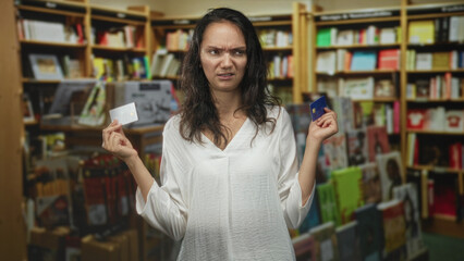 Young hispanic woman holds two creditcards in each hand, frowning and squinting as she compares payment options amid crowded bookshelves in a bookstore  frustration budgeting indecision. © Krakenimages.com