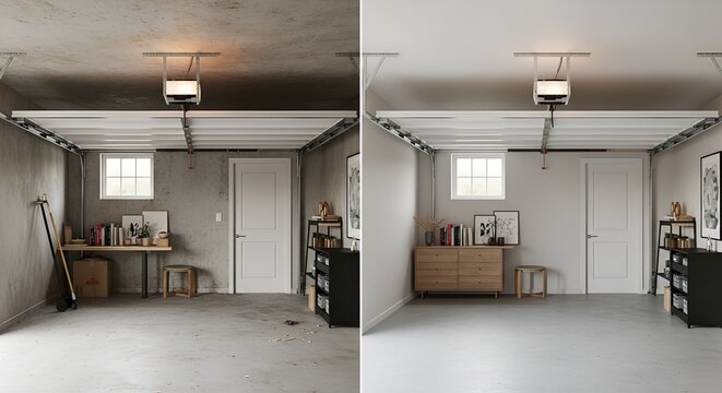 Comparison of an unfinished garage with a renovated clean and organized garage space