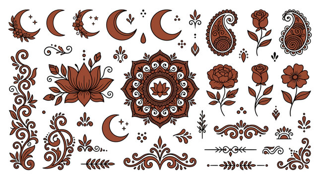 Henna Mehndi Tattoo Floral Mandala Ornament Set Vector Illustration