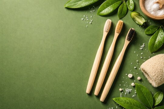 Natural bamboo toothbrushes placed on green background seen from above with copy space promoting eco products