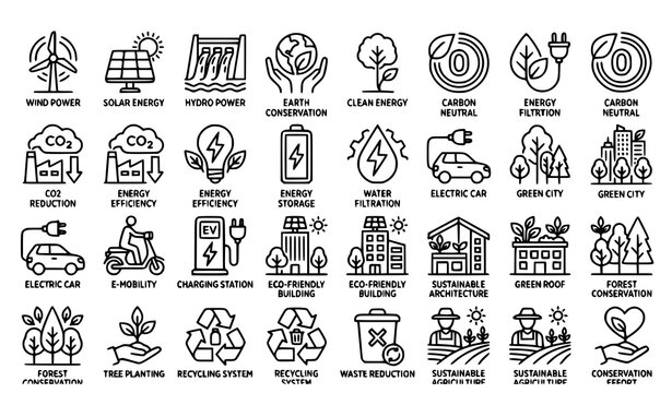 Editable Stroke Net Zero and Environmental Protection Icons Set with Green Energy and Climate Action Symbols Vector Illustration