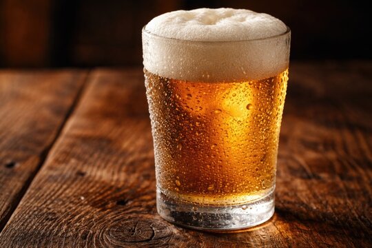 Macro shot of an icy cold beer glass on a natural wood grain surface