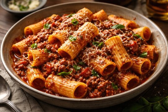Hearty Italian rigatoni pasta tossed in a savory Bolognese meat sauce with cheese garnish