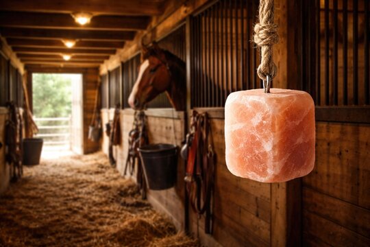 Horse stable interior showing a pink Himalayan salt block hanging for mineral licking with room for text