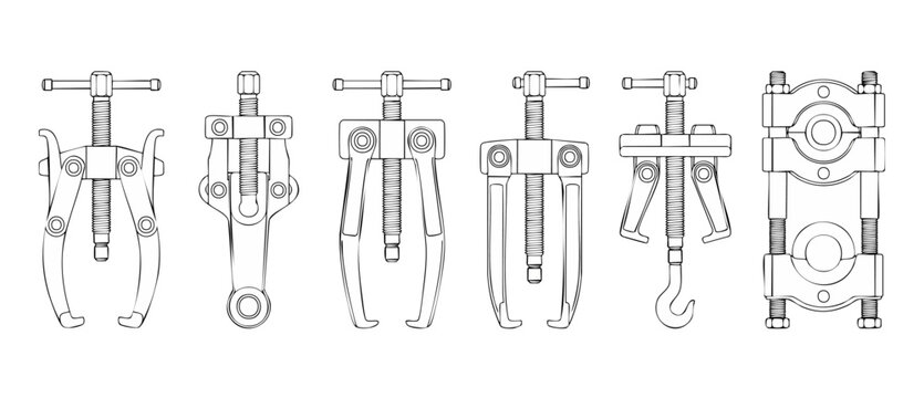 Gear Puller Tool Set Mechanical Repair Equipment for Removing Bearings and Pulleys, Outline Vector Illustration Icons of Automotive and Industrial Maintenance Hardware Devices for Garage and Workshop