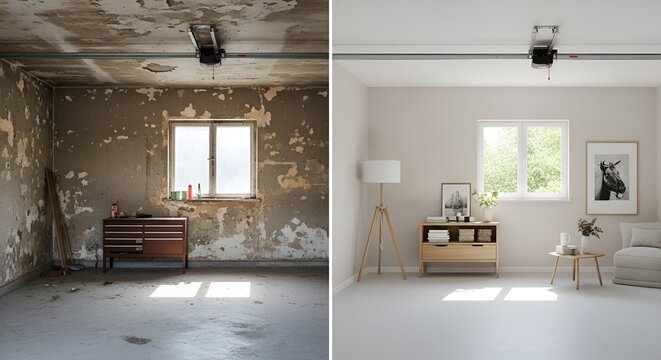 Transforming a dilapidated room into a bright modern living space showcasing renovation progress and interior design overhaul in