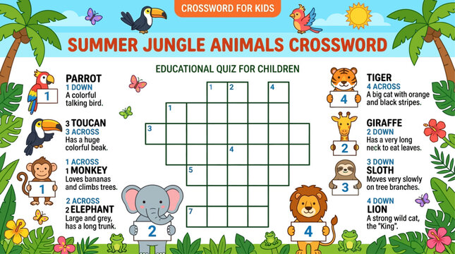 Summer Crossword Puzzle Kids Tropical Animals Education Vector