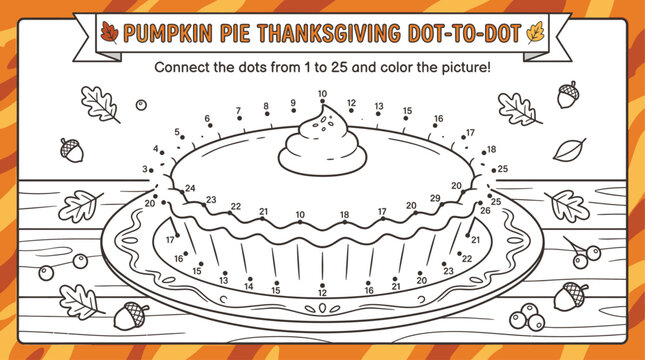 Pumpkin Pie Dot To Dot Coloring Thanksgiving Worksheet Vector
