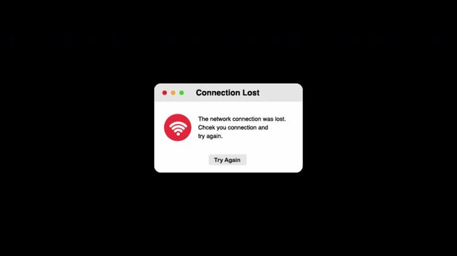 Animated computer popup with connection lost warning message