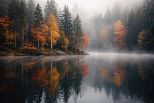 Foggy fall forest reflecting on calm lake surface