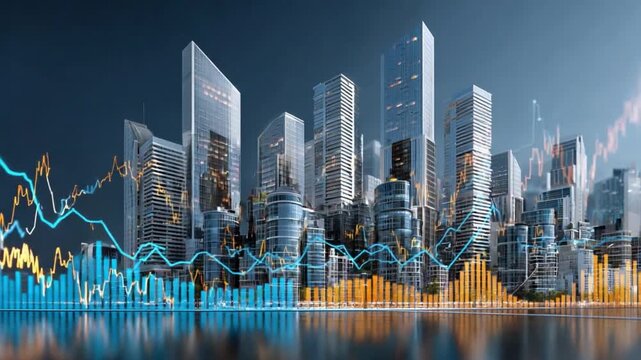 City of Financial Growth: A modern cityscape merges with dynamic financial data, symbolizing urban development and economic progress. A visual representation of business, market, and success.