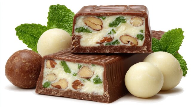 Chocolate candy bars with nuts and white chocolate isolated on white