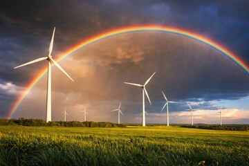 Naklejka premium Wind farm with turbines beneath a bright rainbow after thunderstorm