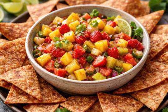 A bowl showcasing sweet tropical fruit salsa with mango pineapple and strawberries and cinnamon flavored crispy tortilla chips
