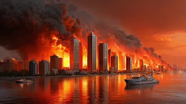City Inferno: A city engulfed in flames, creating a dystopian landscape with towering buildings ablaze, thick smoke filling the sky, and a sense of impending doom.
