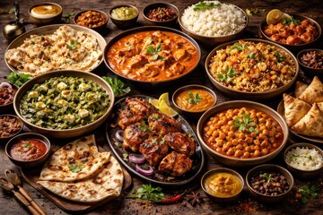 Fototapeta premium Indian food with a variety of vegetarian and meat options