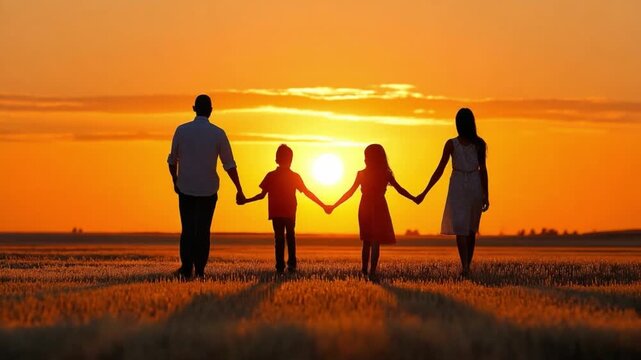 Family Silhouette at Sunset: A family of four, their silhouettes etched against a vibrant sunset sky, walks hand in hand, embodying unity and love in a serene moment.