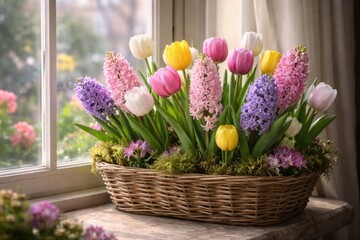 Obraz premium Window ledge basket filled with blooming tulips and hyacinths for forced flowering