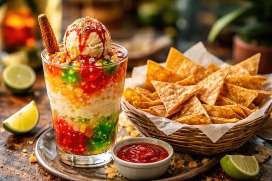 Refreshing gula gula dessert combined with crunchy torta chips for sweet enjoyment