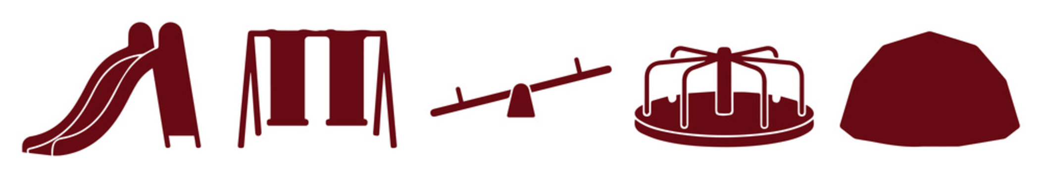 Playground equipment silhouette icons, maroon park recreation set with slide and swings, outdoor fun activity vector elements for map design