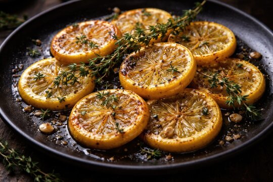 Saut&Atilde;&copy;ed lemon and thyme arranged on a dark dish to intensify aromatic profile
