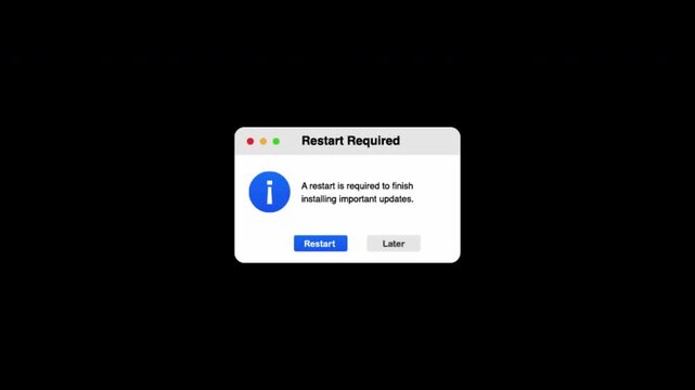 Animated computer popup with restart required warning message