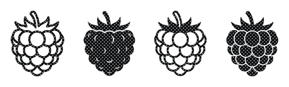 Minimalist raspberry icon set, black and white berry vector illustrations, simple fruit line art collection for food packaging and logo design