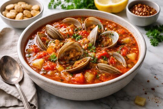 Rich Manhattan clam chowder with vongole served in bowl on smooth white marble horizontal shot