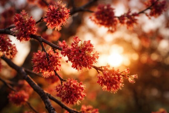 Red flowers blooming on elm in warm sunset capture essence of spring rebirth