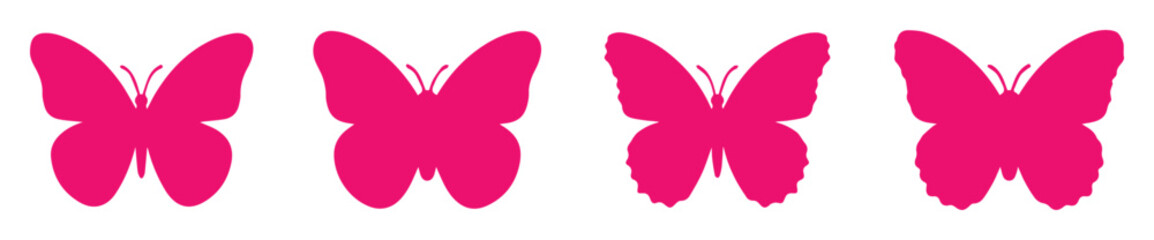 Pink butterfly silhouette icons set, vibrant magenta insect vector collection, four decorative butterfly shapes for graphic design and branding © Hinaa