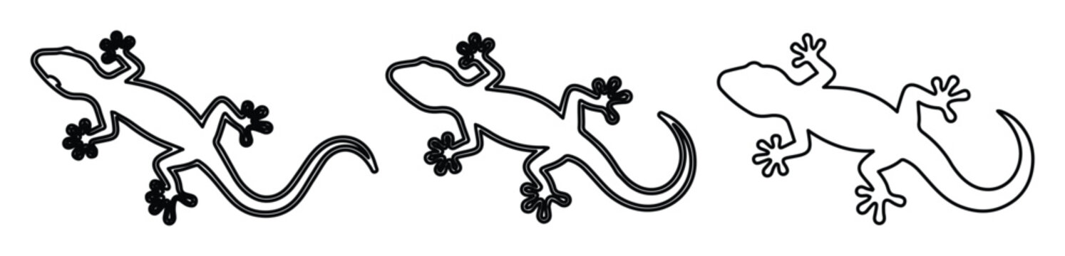 Minimalist lizard outline vector set, black gecko silhouette icons, simple reptile line art collection for logo design and nature branding