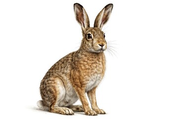 Obraz premium Hand drawn realistic portrait of a European hare with detailed anatomy on a clean white surface for an animal guide