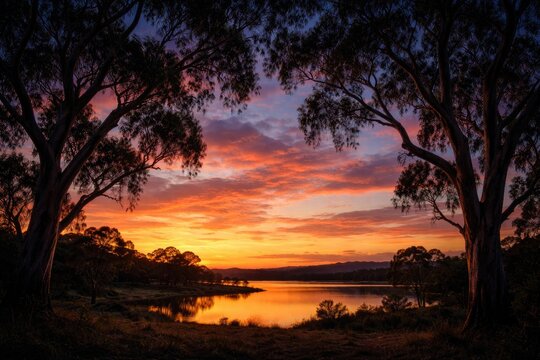 Gum tree silhouettes framing a colorful dusk landscape