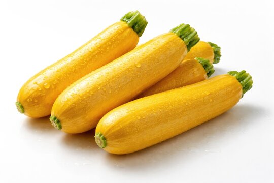 Sunlit yellow zucchini squash cluster placed on an evenly lit white backdrop