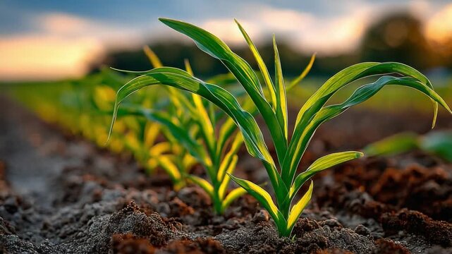 Emerging Growth: A close-up shot of vibrant green corn seedlings sprouting from rich, dark earth, symbolizing life, growth, and the promise of a bountiful harvest.