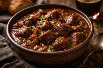 Fototapeta premium Warm bowl filled with melt in mouth beef pieces in a thick aromatic sauce typical of carbonade flamande