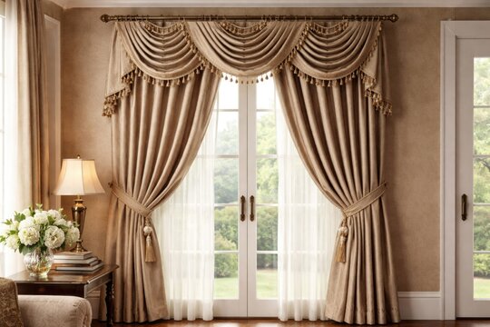 Classic window setup displaying fabric curtains with valance and metal rod