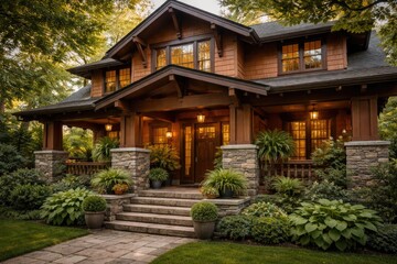 Fototapeta premium Wide angle of a craftsman style house outside with cedar siding and a stone adorned front porch filled with green plants