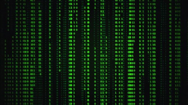 Green Binary Code Falling on Black Background for Cybersecurity and Hacking Concept