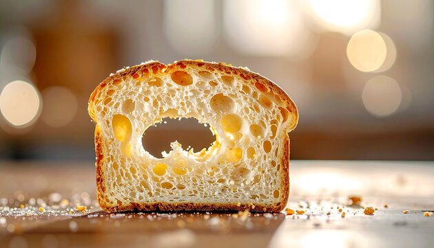 A slice of crusty artisan bread with a large hole in the center, backlit by warm sunlight, showing texture and crumb detail, rustic bakery food photography