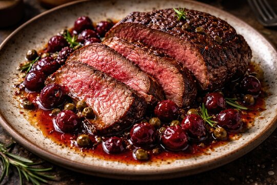 Savory angus roast beef steak complemented by capers and cherry sauce on a rustic porcelain plate