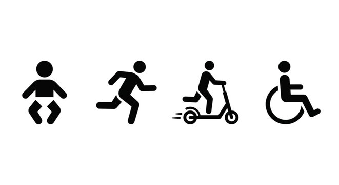Collection of simple black pictogram icons representing different human activities and states: a baby, a person running, someone riding an electric scooter, and a person in a wheelchair.