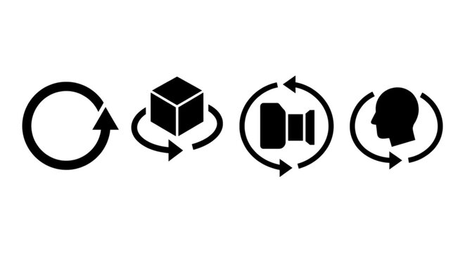 Set of icons representing rotation, 3D object view, camera rotation, and head rotation for 360&deg; experiences.