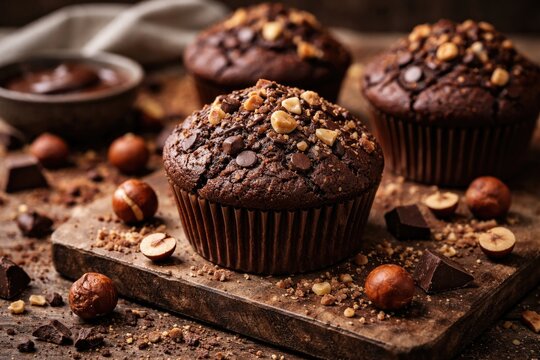 Rich chocolate muffins baked from scratch with a hazelnut crunch