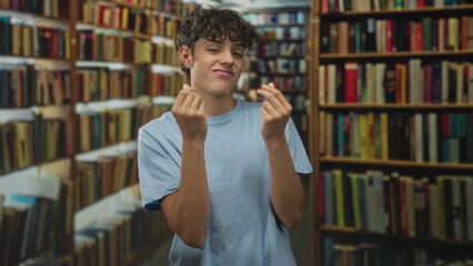 Boy in blue shirt pinches fingers with hands, grinning and making a money gesture surrounded by tall bookshelves in a building library aisle  playful joy. © Krakenimages.com