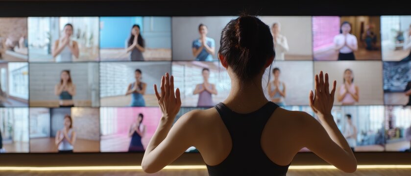 Japanese woman participating in virtual group fitness class at home with large screen showing other participants. Connected online workout community digital training interactive wellness technology.