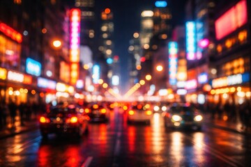 Obraz premium Colorful glowing lights of a bustling city captured with soft focus at night
