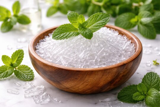 Natural wooden bowl holding menthol crystals topped by fresh peppermint on white