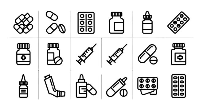 a collection of minimalist medical icons including pills capsules syringes and inhalers